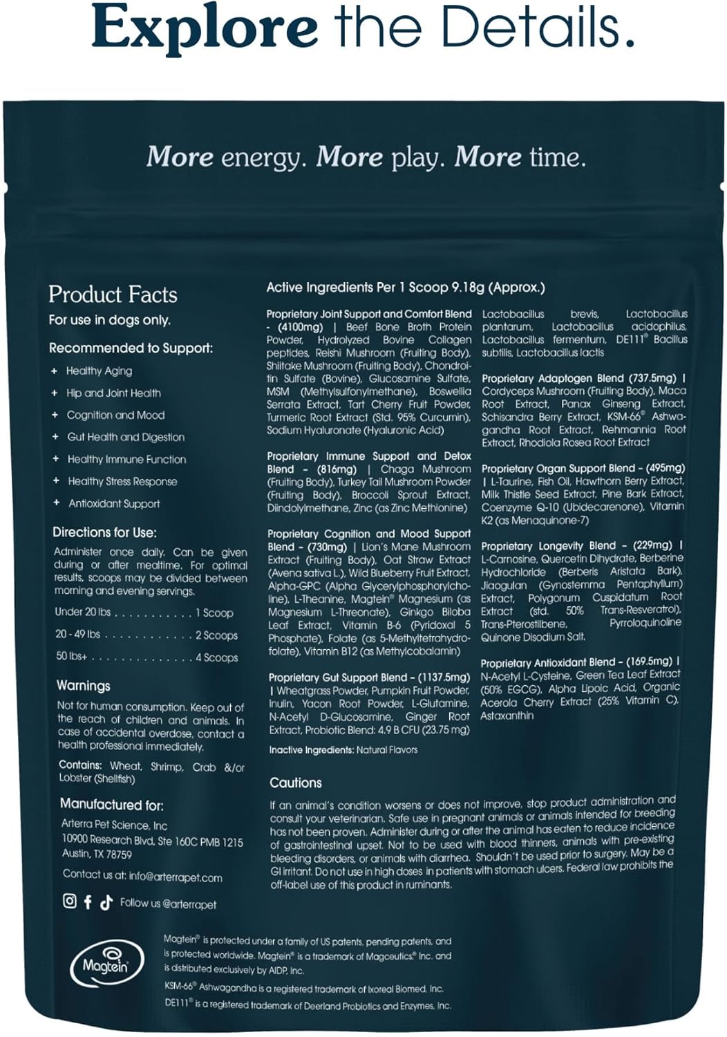 Arterra Pet Science Senior Dog Supplement with 63 Premium Ingredients for Aging Support, Hip & Joint, Cognition & Mood, Gut & Organs - Vet-Formulated All-in-One Senior Formula (8+ Years), 9.7 oz