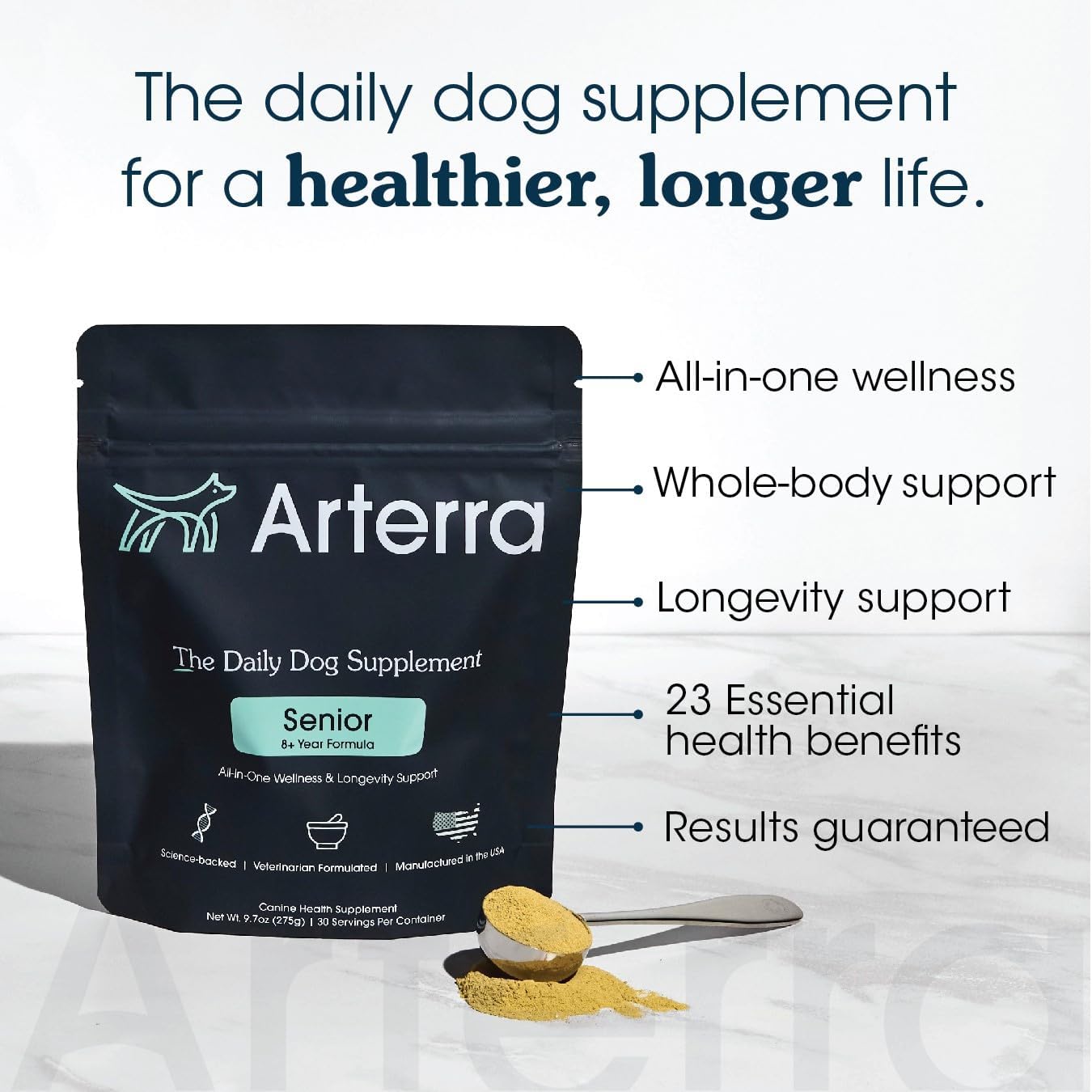 Arterra Pet Science Senior Dog Supplement with 63 Premium Ingredients for Aging Support, Hip & Joint, Cognition & Mood, Gut & Organs - Vet-Formulated All-in-One Senior Formula (8+ Years), 9.7 oz