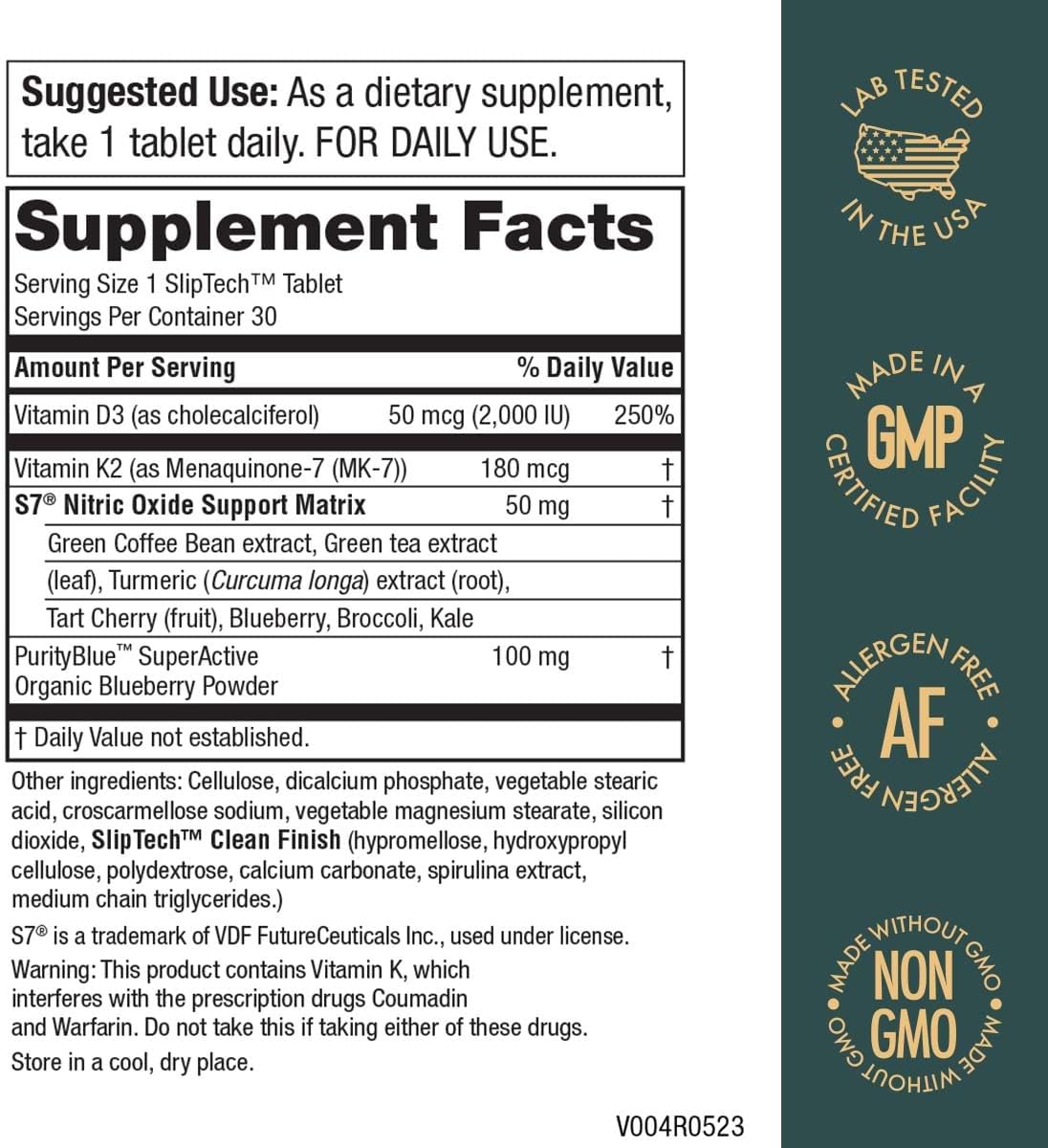 Artery Health Supplement with Vitamin K2, Nitric Oxide Booster, Vitamin D3 & Blueberries - 30 Count