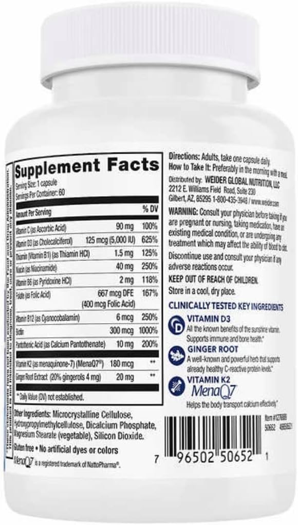 Artery Health Support with Vitamin K2 (180mcg) & D3 (5000iu) - 60 Veggie Capsules for Heart, Immune, and Bone Health