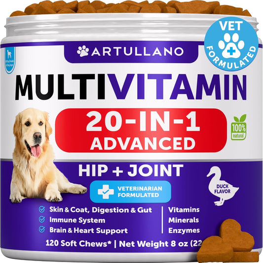 Artullano Dog Multivitamin Chewable with Glucosamine - 20 in 1 Senior & Puppy Dog Vitamins - Joint Support, Immunity, Mobility - 120 Chews
