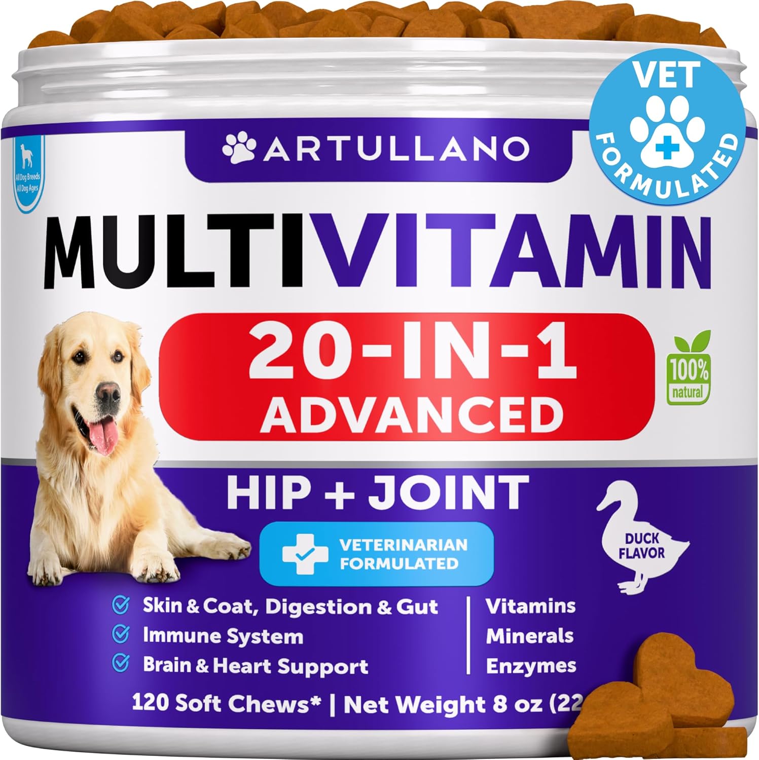 Artullano Dog Multivitamin Chewable with Glucosamine - 20 in 1 Senior & Puppy Dog Vitamins - Joint Support, Immunity, Mobility - 120 Chews