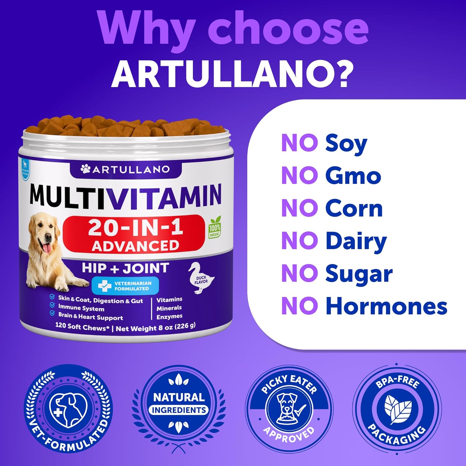Artullano Dog Multivitamin Chewable with Glucosamine - 20 in 1 Senior & Puppy Dog Vitamins - Joint Support, Immunity, Mobility - 120 Chews