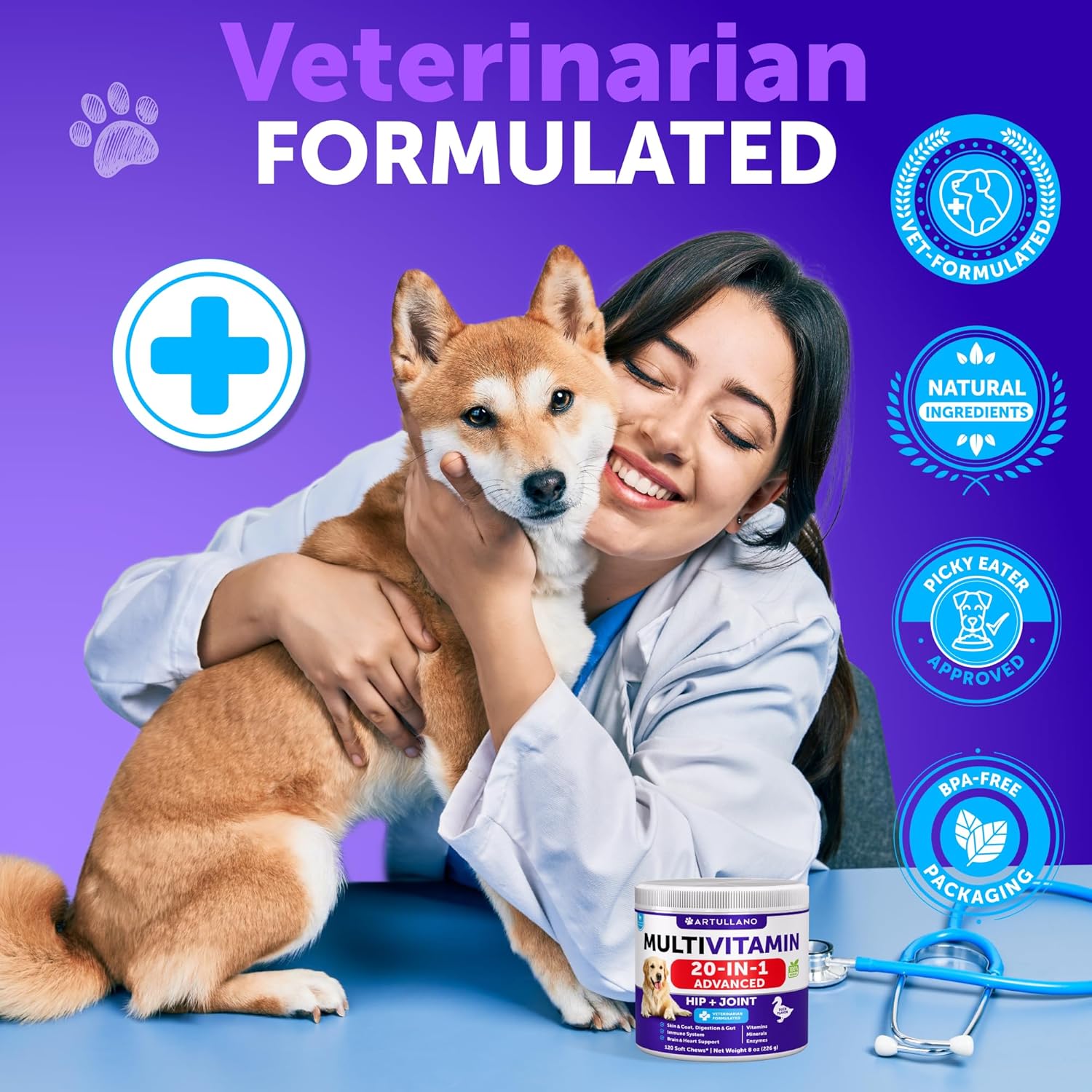 Artullano Dog Multivitamin Chewable with Glucosamine - 20 in 1 Senior & Puppy Dog Vitamins - Joint Support, Immunity, Mobility - 120 Chews