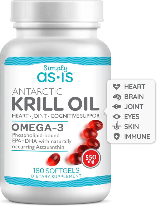 AS-IS Simply 550mg Antarctic Krill Oil Softgels - 180 Count - High in Omega-3s EPA & DHA - Rich in Astaxanthin - No Fishy Reflux