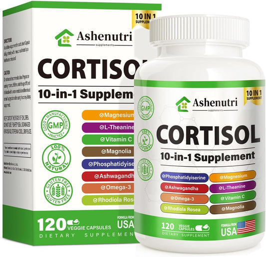 Ashenutri 10-in-1 Cortisol Supplement for Hormone Balance in Women - 120 Vegan Capsules with Magnesium, Ashwagandha, Rhodiola Rosea, L-Theanine