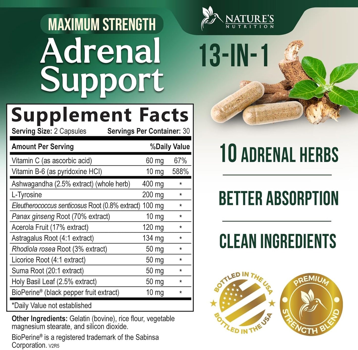 Ashwagandha & 10 Adaptogenic Herbs Adrenal Support Supplement - Rhodiola Rosea, Holy Basil - Energy Balance, Stress Relief - 60 Capsules