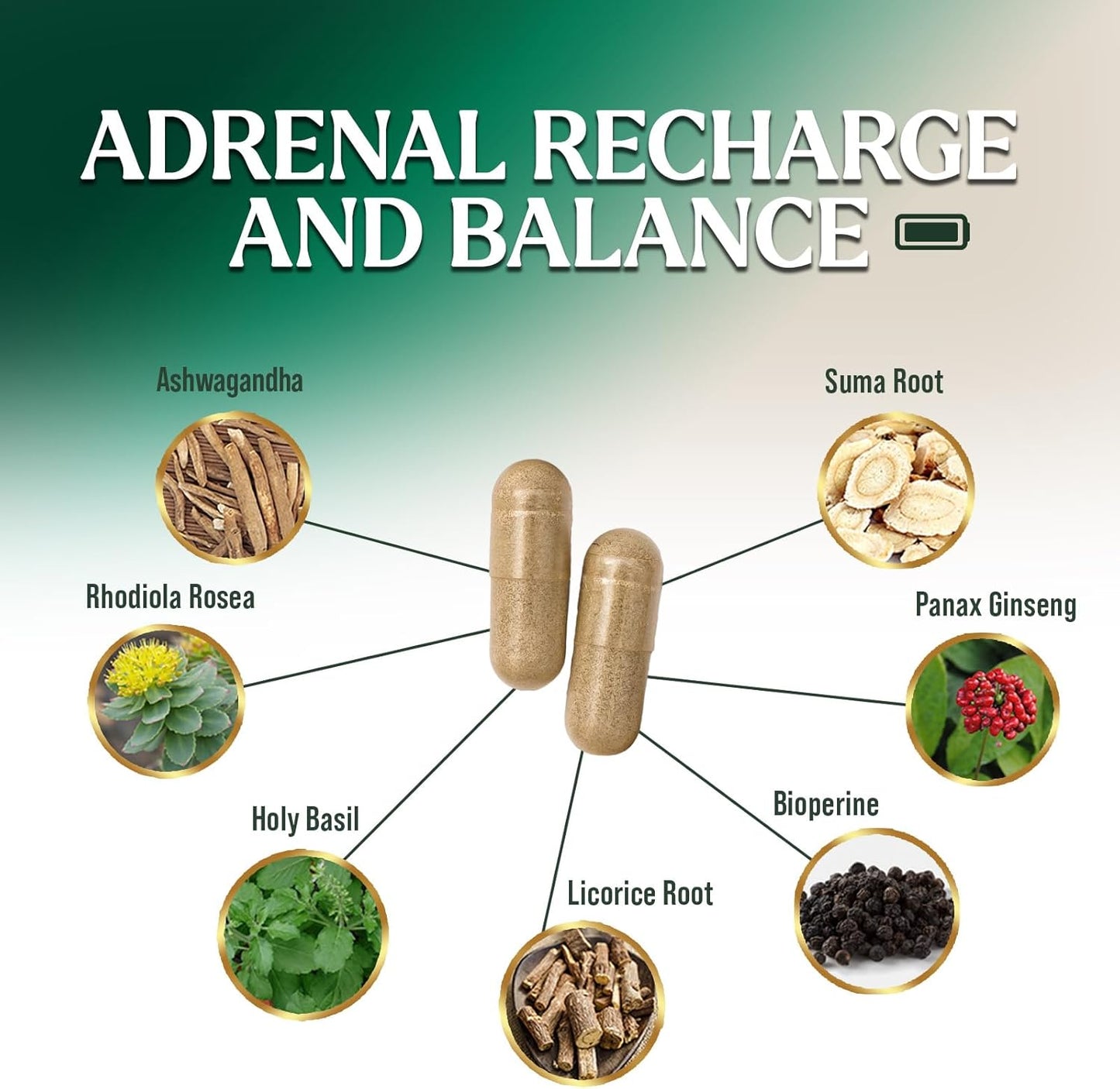 Ashwagandha & 10 Adaptogenic Herbs Adrenal Support Supplement - Rhodiola Rosea, Holy Basil - Energy Balance, Stress Relief - 60 Capsules