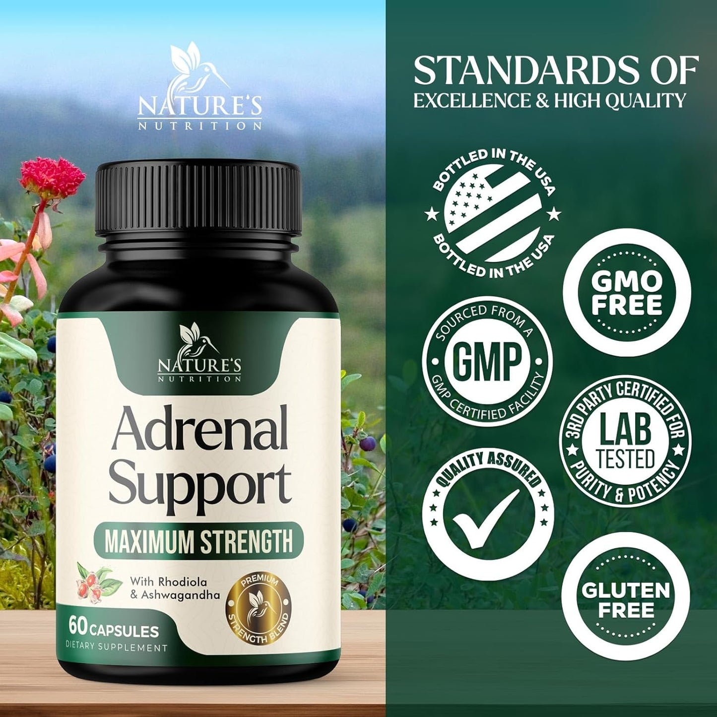 Ashwagandha & 10 Adaptogenic Herbs Adrenal Support Supplement - Rhodiola Rosea, Holy Basil - Energy Balance, Stress Relief - 60 Capsules