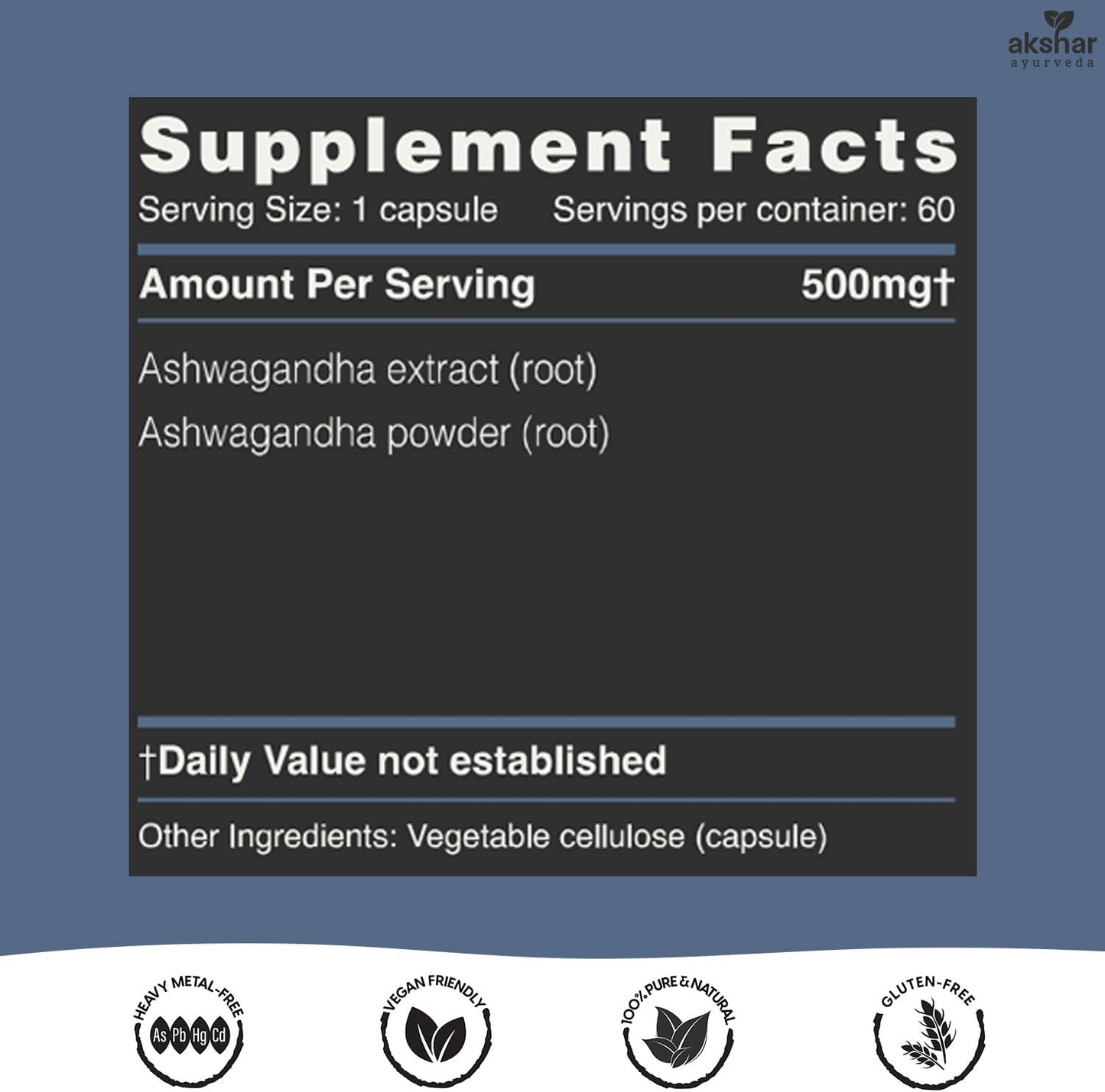 Ashwagandha Capsules with Root Extract & Powder - Herbal Support for Stress, Mood, Energy & Vitality - Vegan Ashwagandha Supplements (60 Count) by Akshar Ayurveda