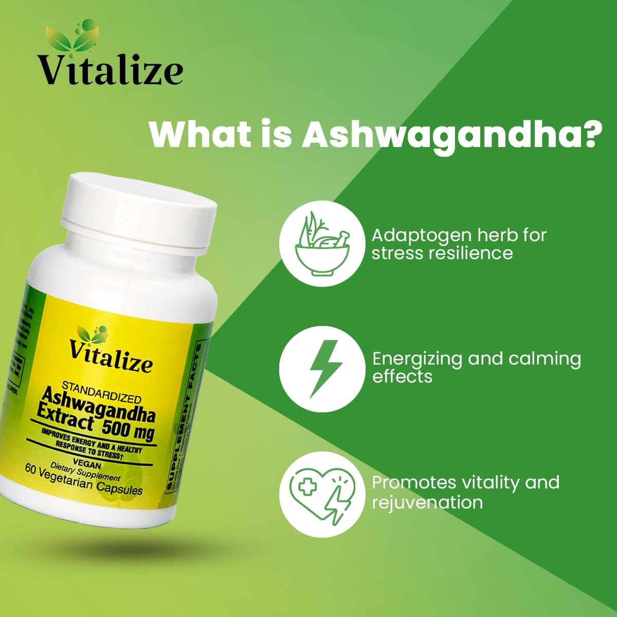 Ashwagandha Extract Capsules - Natural Energy Booster, Cortisol Manager, Vegan Dietary Supplement - 60 Capsules, 500mg, Non-GMO, Gluten Free