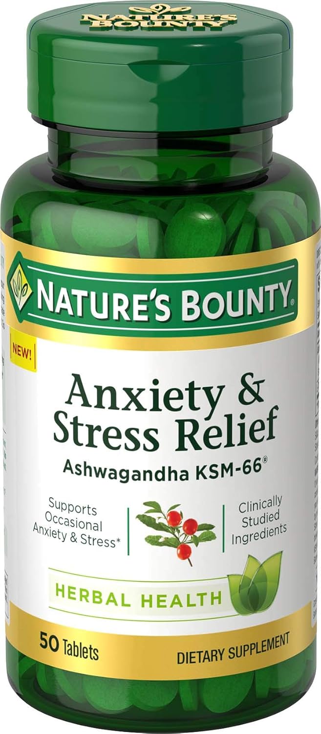 Ashwagandha KSM-66 Tablets for Anxiety & Stress Relief - 50 Count, Natural Mood Support by Nature's Bounty