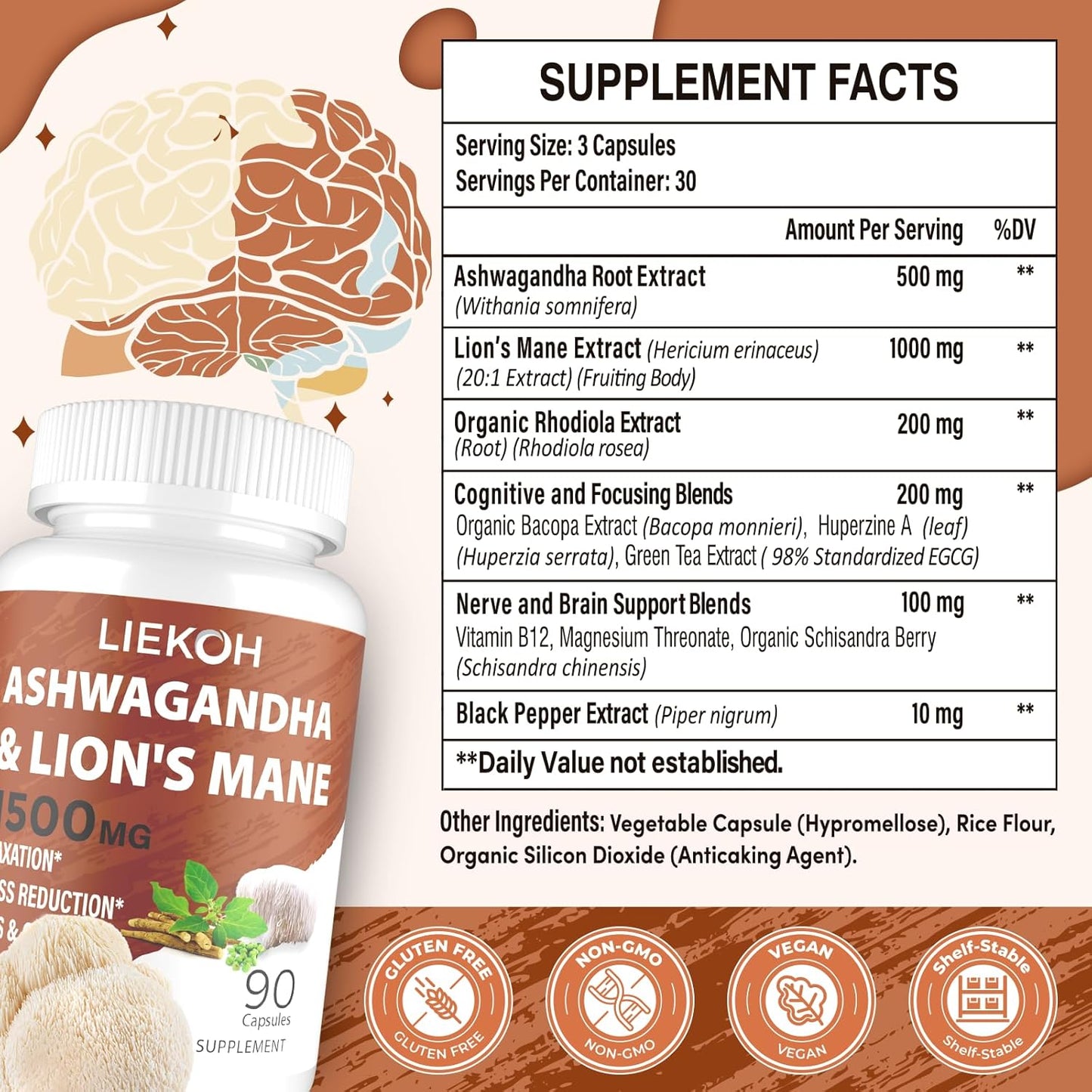 Ashwagandha & Lions Mane Memory Focus Supplement Capsules, Stress Reducer with Rhodiola & Black Pepper, Mushroom Supplement, 90 Caps