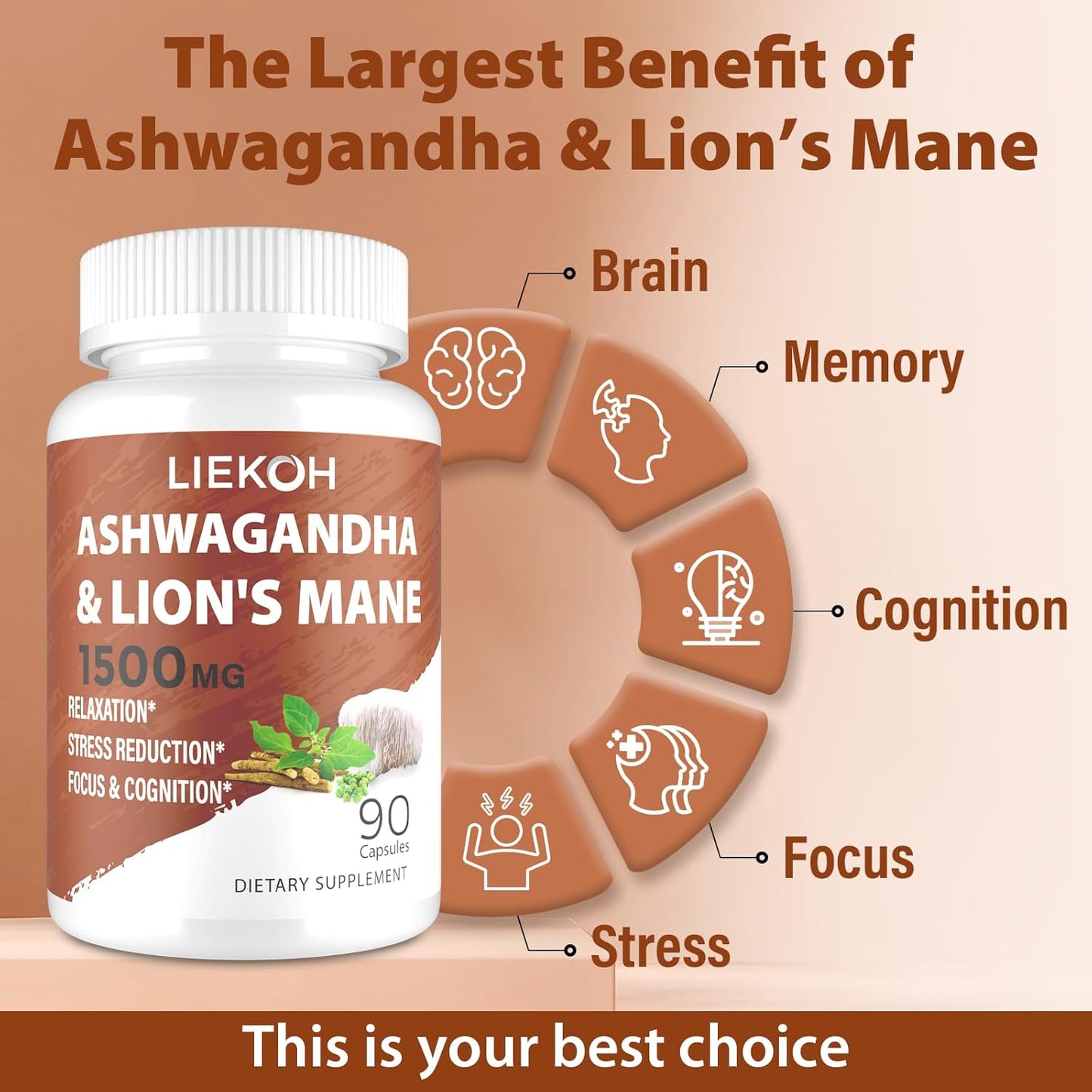 Ashwagandha & Lions Mane Memory Focus Supplement Capsules, Stress Reducer with Rhodiola & Black Pepper, Mushroom Supplement, 90 Caps