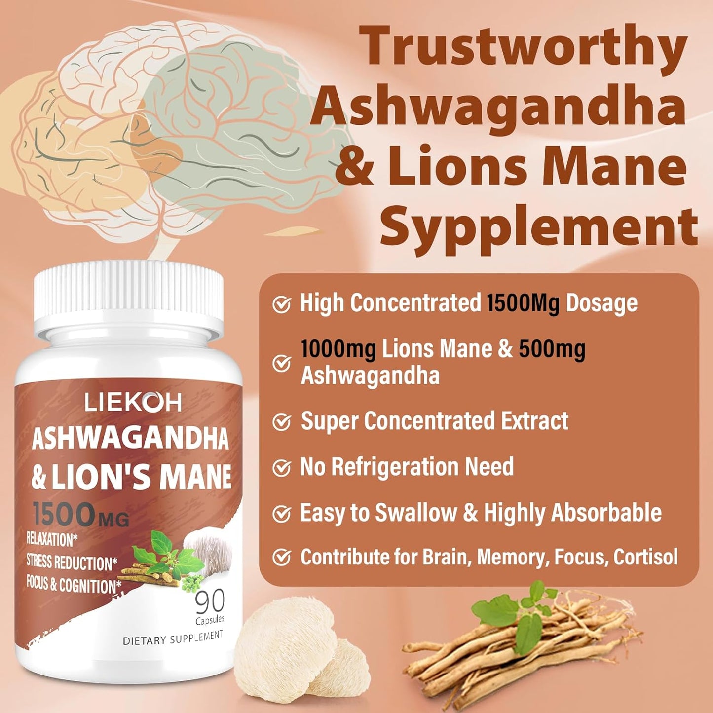 Ashwagandha & Lions Mane Memory Focus Supplement Capsules, Stress Reducer with Rhodiola & Black Pepper, Mushroom Supplement, 90 Caps