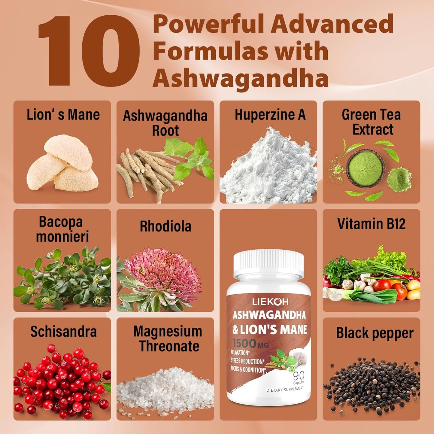 Ashwagandha & Lions Mane Memory Focus Supplement Capsules, Stress Reducer with Rhodiola & Black Pepper, Mushroom Supplement, 90 Caps