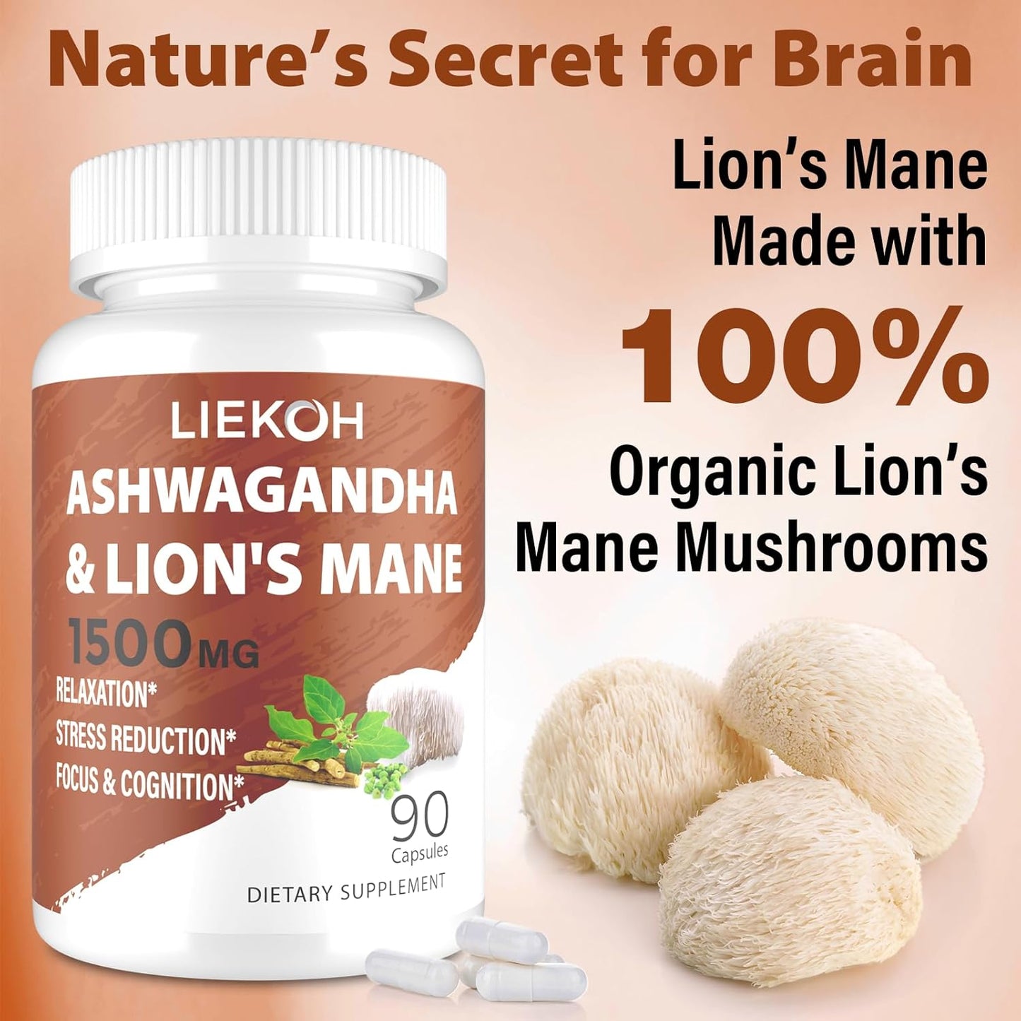 Ashwagandha & Lions Mane Memory Focus Supplement Capsules, Stress Reducer with Rhodiola & Black Pepper, Mushroom Supplement, 90 Caps