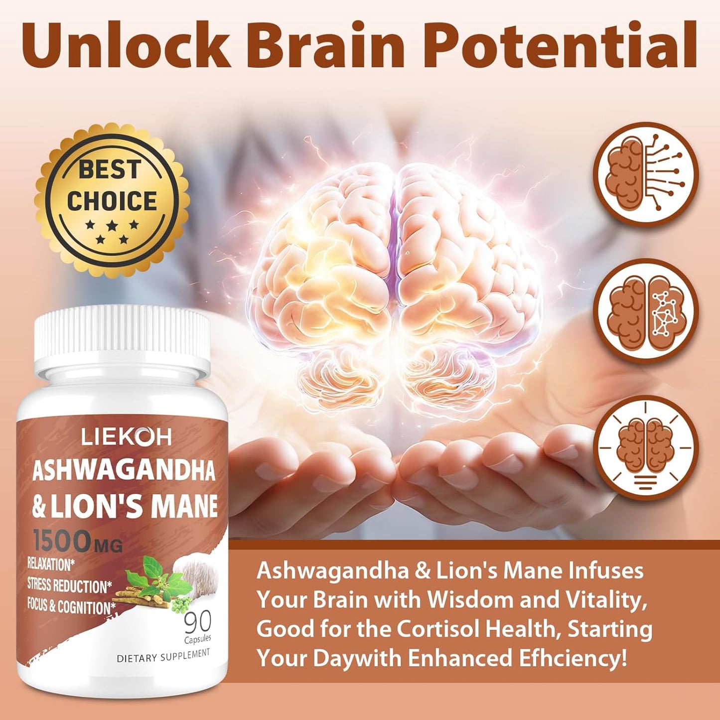 Ashwagandha & Lions Mane Memory Focus Supplement Capsules, Stress Reducer with Rhodiola & Black Pepper, Mushroom Supplement, 90 Caps