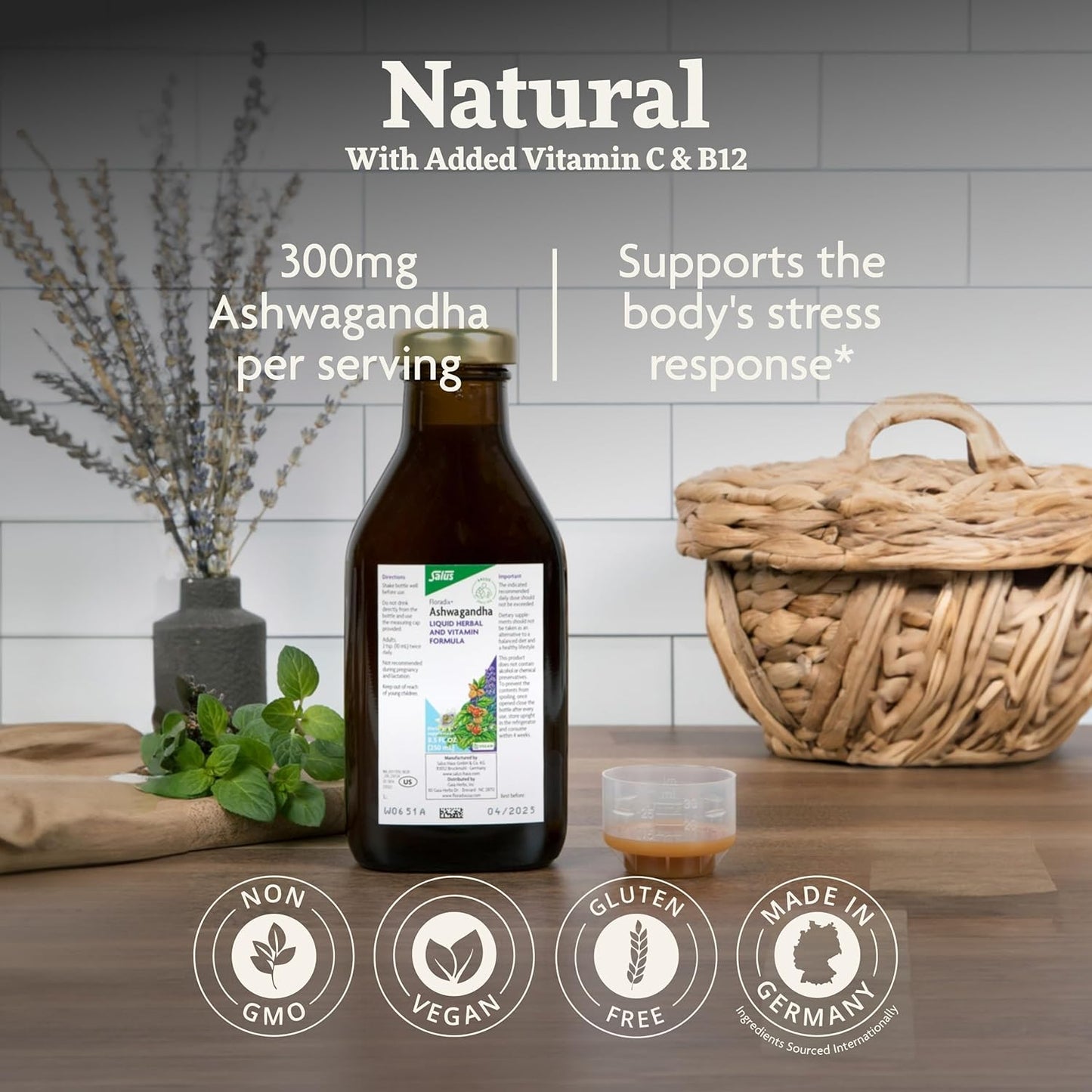 Ashwagandha Liquid Herbal Supplement with Vitamin C & B12 - Stress Support Formula - Vegan & Non-GMO - 8.5 fl oz