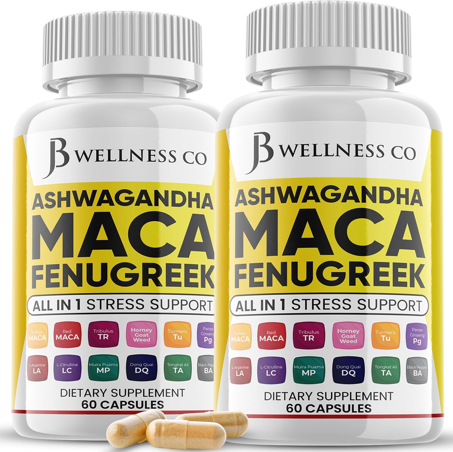 Ashwagandha Maca Root Fenugreek Supplement for Mood & Thyroid Health - 120 Count - Made in USA by JB WELLNESS CO