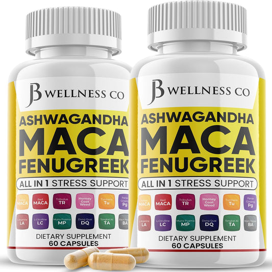 Ashwagandha Maca Root Fenugreek Supplement for Mood & Thyroid Health - 120 Count - Made in USA by JB WELLNESS CO