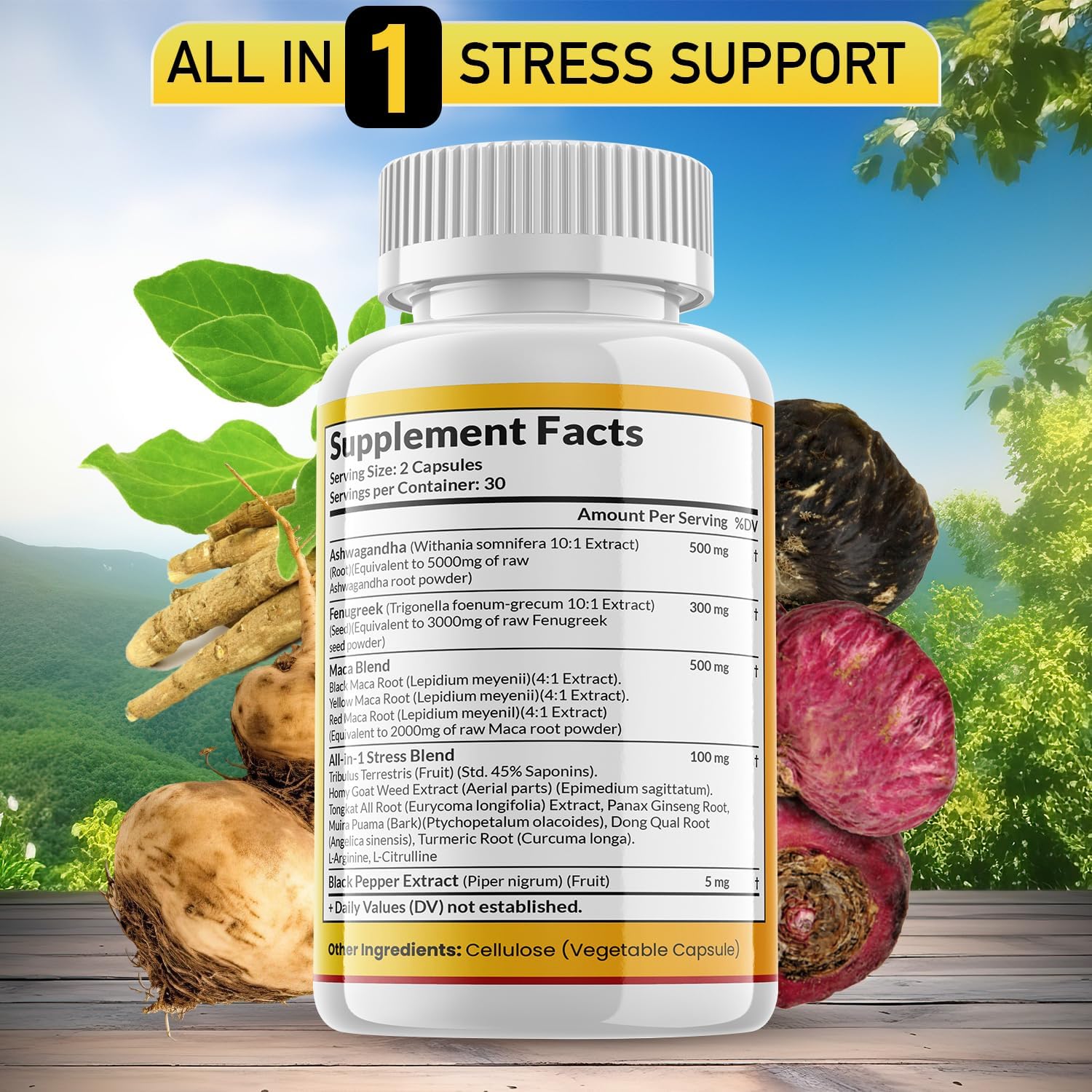 Ashwagandha Maca Root Fenugreek Supplement for Mood & Thyroid Health - 120 Count - Made in USA by JB WELLNESS CO