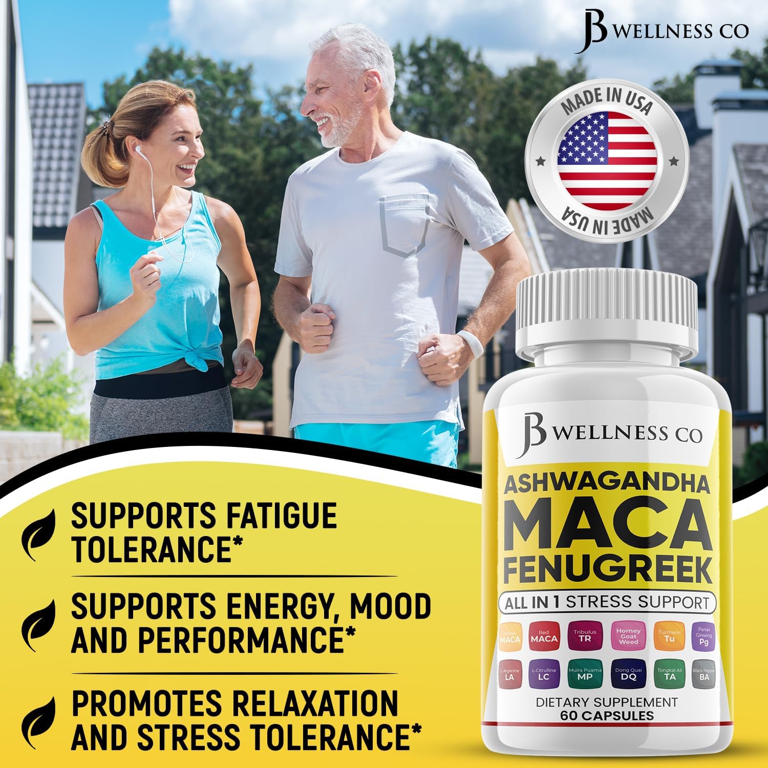 Ashwagandha Maca Root Fenugreek Supplement for Mood & Thyroid Health - 120 Count - Made in USA by JB WELLNESS CO