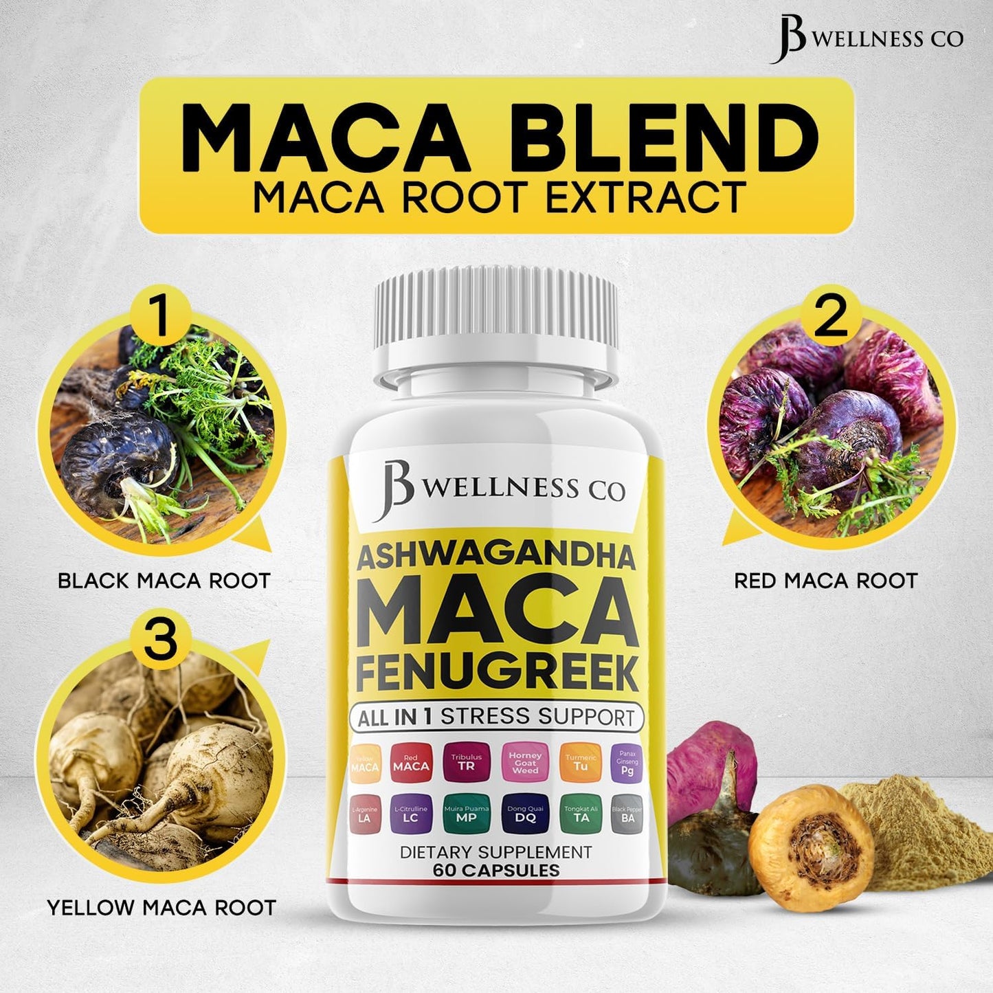 Ashwagandha Maca Root Fenugreek Supplement for Mood & Thyroid Health - 120 Count - Made in USA by JB WELLNESS CO