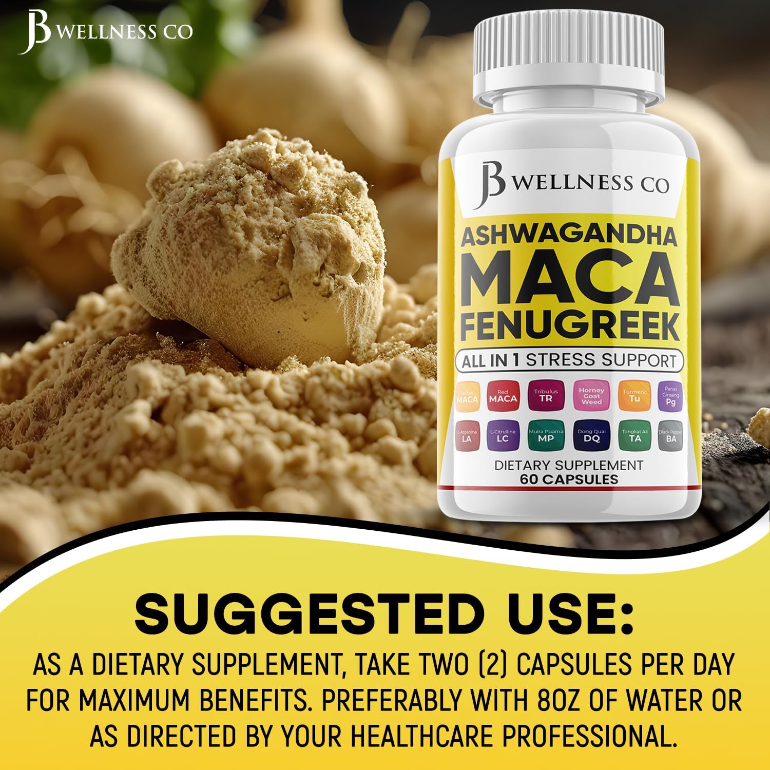 Ashwagandha Maca Root Fenugreek Supplement for Mood & Thyroid Health - 120 Count - Made in USA by JB WELLNESS CO