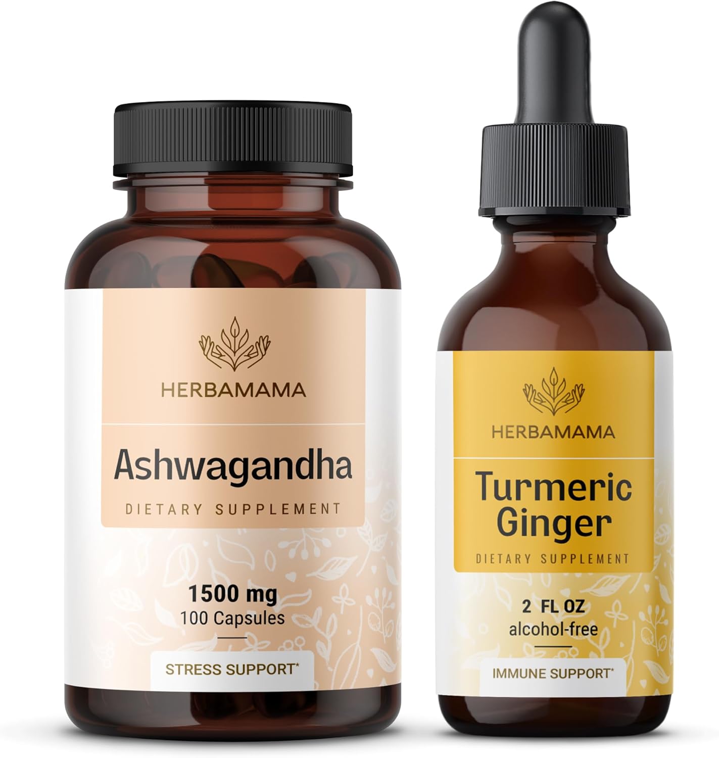 Ashwagandha Root Capsules & Turmeric Ginger Tincture Bundle - 1500 mg, Vegan, Non-GMO, Sugar & Alcohol-Free - 2 Pack