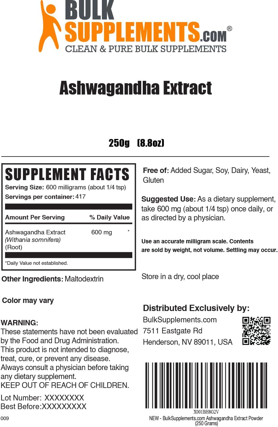 Ashwagandha Root Extract Powder - Vegan Gluten Free Supplement - 600mg per Serving - 250g (8.8 oz) Pack