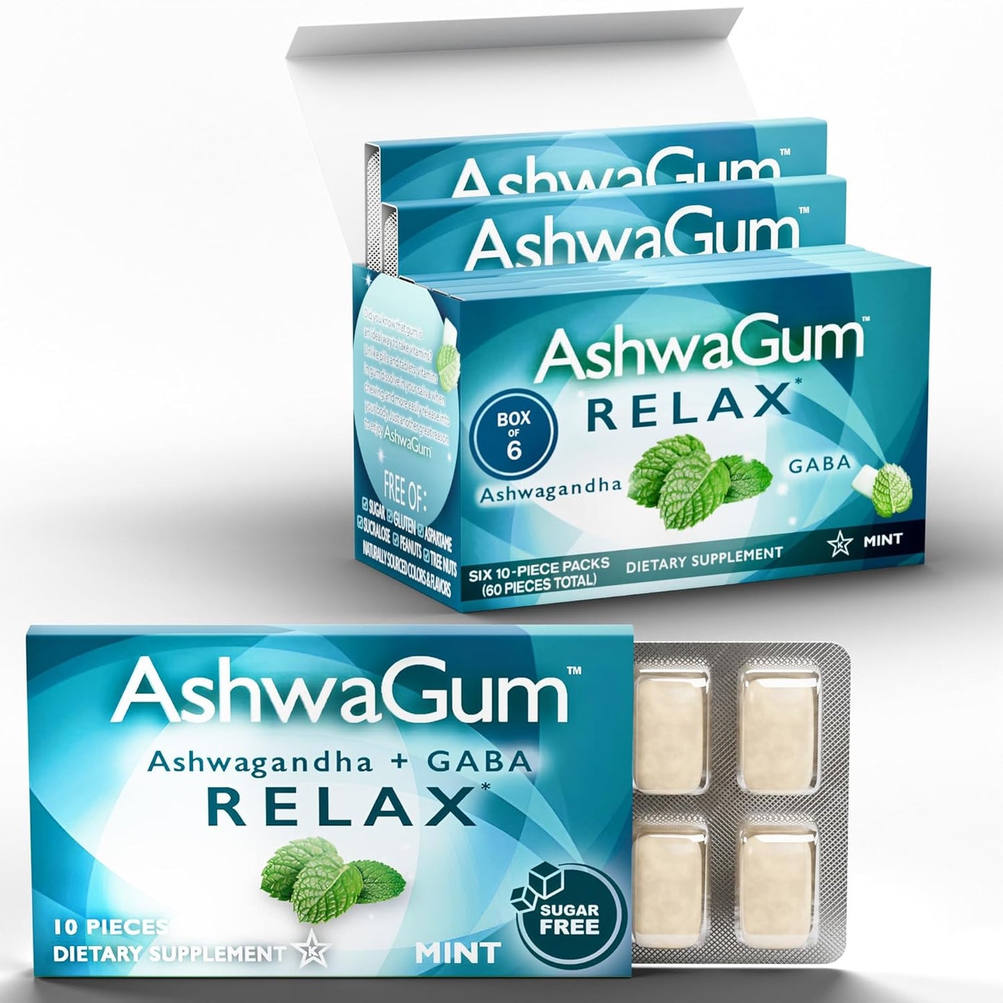 AshwaGum Relax Gum by BetterGum - High Potency Stress Relief Supplement with Ashwagandha and Gaba - Sugar-Free Alternative to Gummies - 60 Pieces in Total
