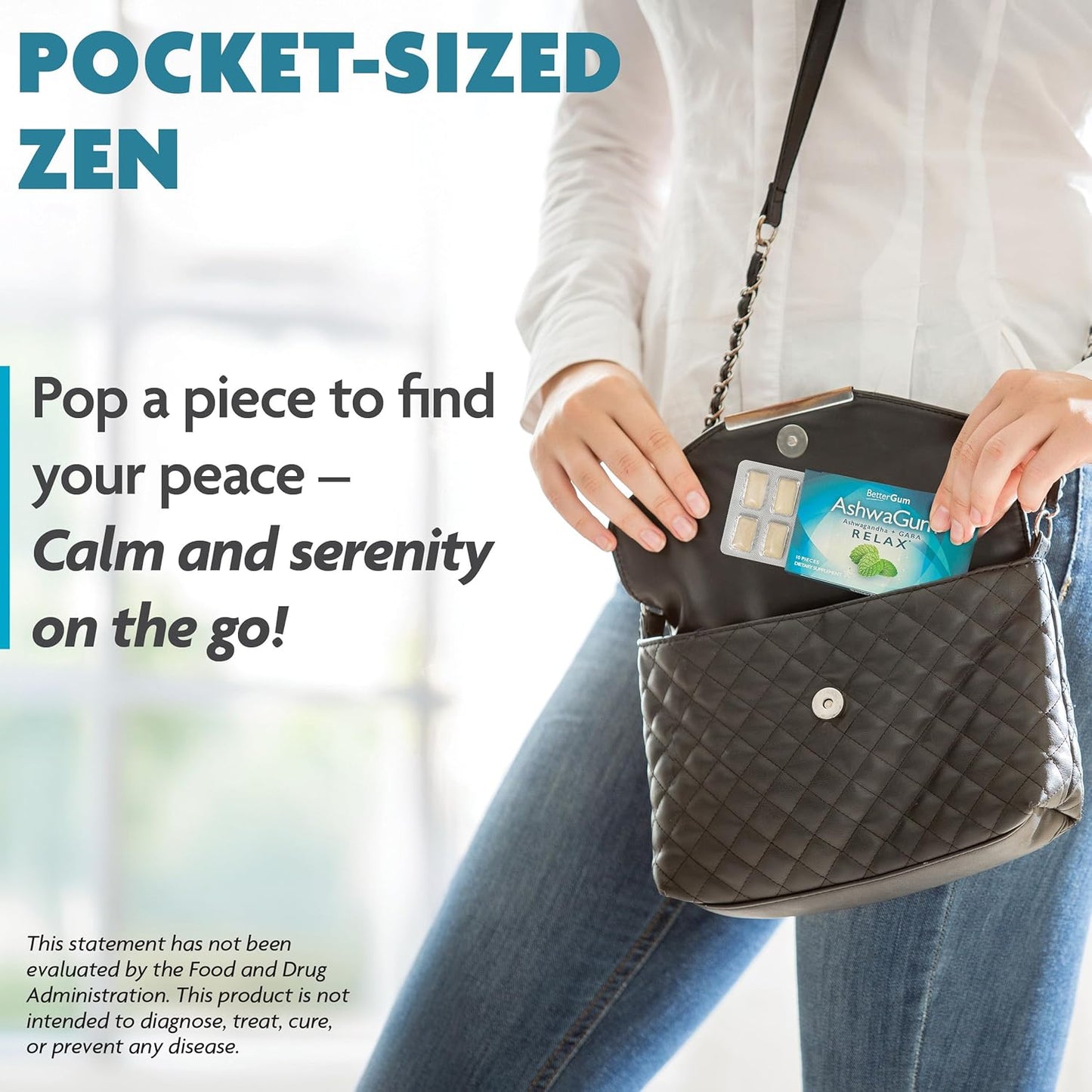 AshwaGum Relax Gum by BetterGum - High Potency Stress Relief Supplement with Ashwagandha and Gaba - Sugar-Free Alternative to Gummies - 60 Pieces in Total