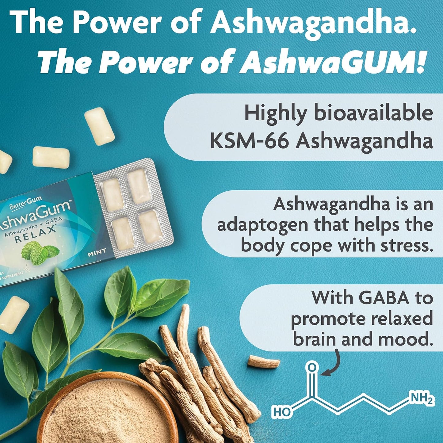 AshwaGum Relax Gum by BetterGum - High Potency Stress Relief Supplement with Ashwagandha and Gaba - Sugar-Free Alternative to Gummies - 60 Pieces in Total