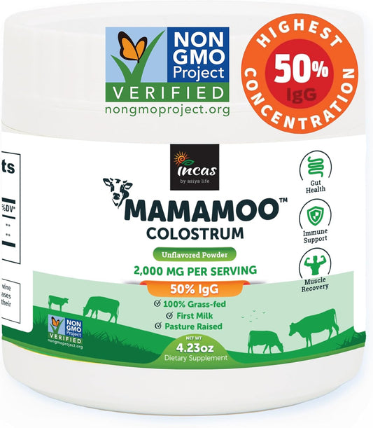 Asiya Life MamaMoo™ Incas Colostrum Powder - High IgG Content, Grass Fed, Non GMO, Gut Health, Immunity Support, Skin & Hair Benefits, 400+ Nutrients, Third Party Tested (Unflavored)