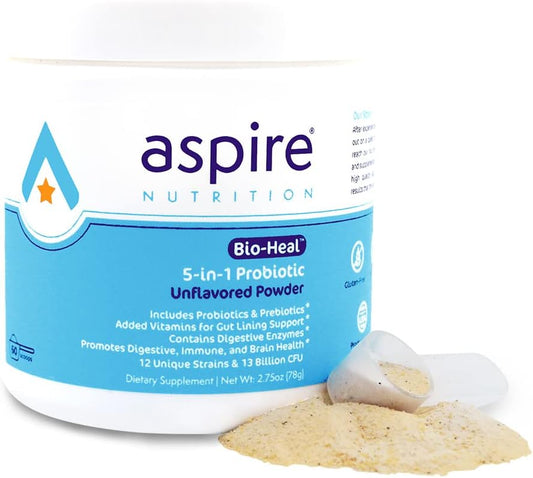 Aspire Nutrition Bio-Healยฎ Probiotic Powder for Kids, Men & Women - Supports Brain Function, Gut Health & Digestion - Fortified with Vitamins, Minerals & Prebiotics - Shelf Stable