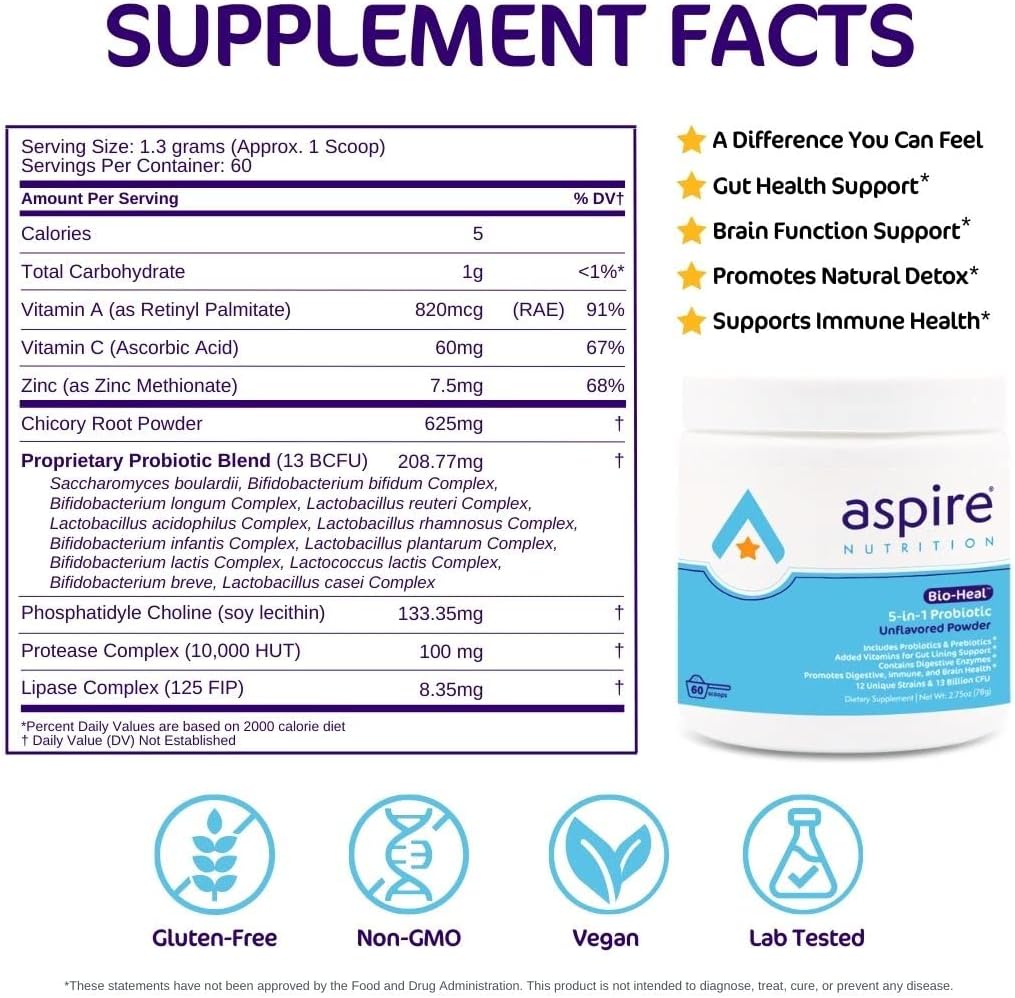 Aspire Nutrition Bio-Heal® Probiotic Powder for Kids, Men & Women - Supports Brain Function, Gut Health & Digestion - Fortified with Vitamins, Minerals & Prebiotics - Shelf Stable