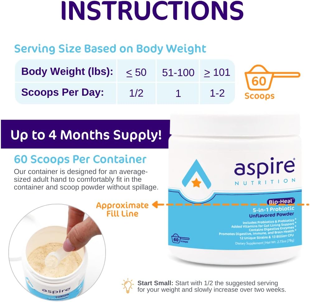 Aspire Nutrition Bio-Heal® Probiotic Powder for Kids, Men & Women - Supports Brain Function, Gut Health & Digestion - Fortified with Vitamins, Minerals & Prebiotics - Shelf Stable