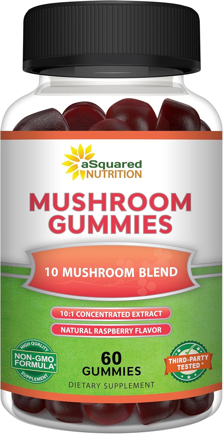 aSquared Nutrition Mushroom Gummies - 10x Complex Supplement for Energy, Focus, and Immune Support - Lions Mane, Turkey Tail, Reishi, Cordyceps, Chaga - Men & Women - Convenient Alternative to Powder, Capsules, and Pills