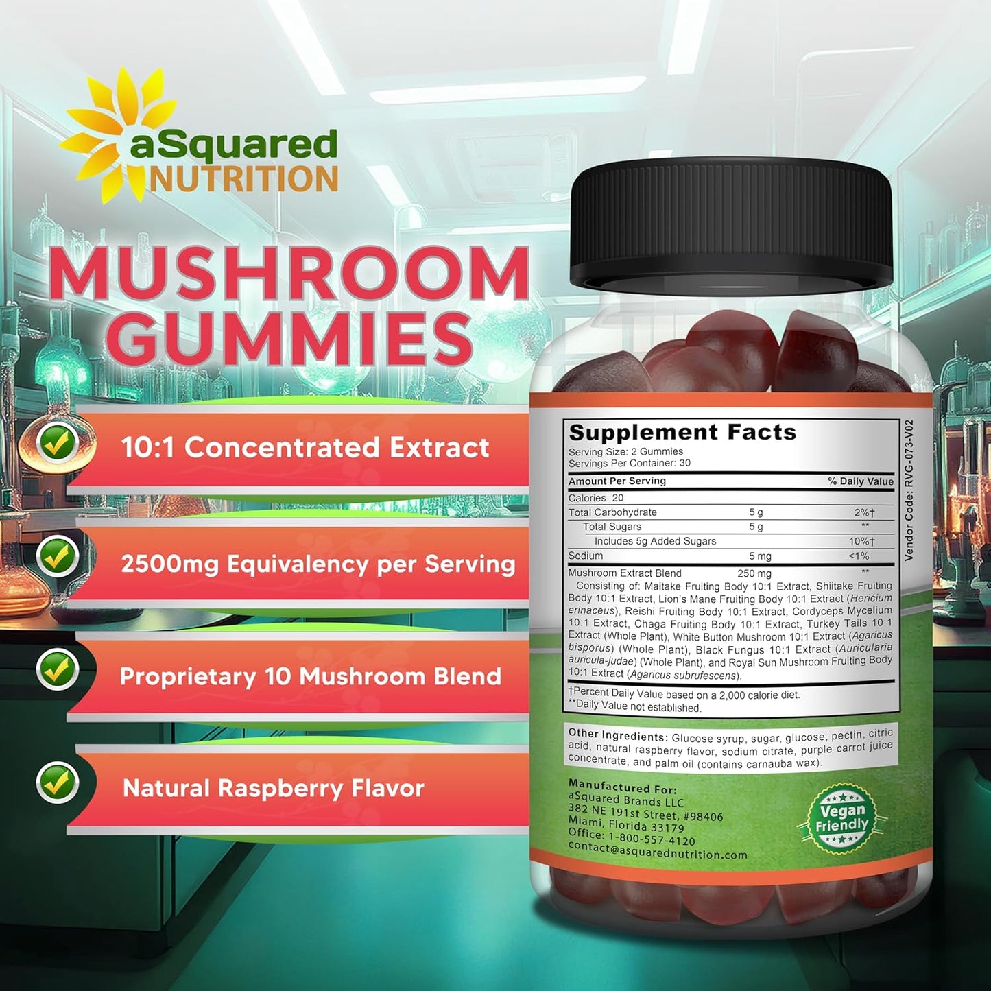 aSquared Nutrition Mushroom Gummies - 10x Complex Supplement for Energy, Focus, and Immune Support - Lions Mane, Turkey Tail, Reishi, Cordyceps, Chaga - Men & Women - Convenient Alternative to Powder, Capsules, and Pills