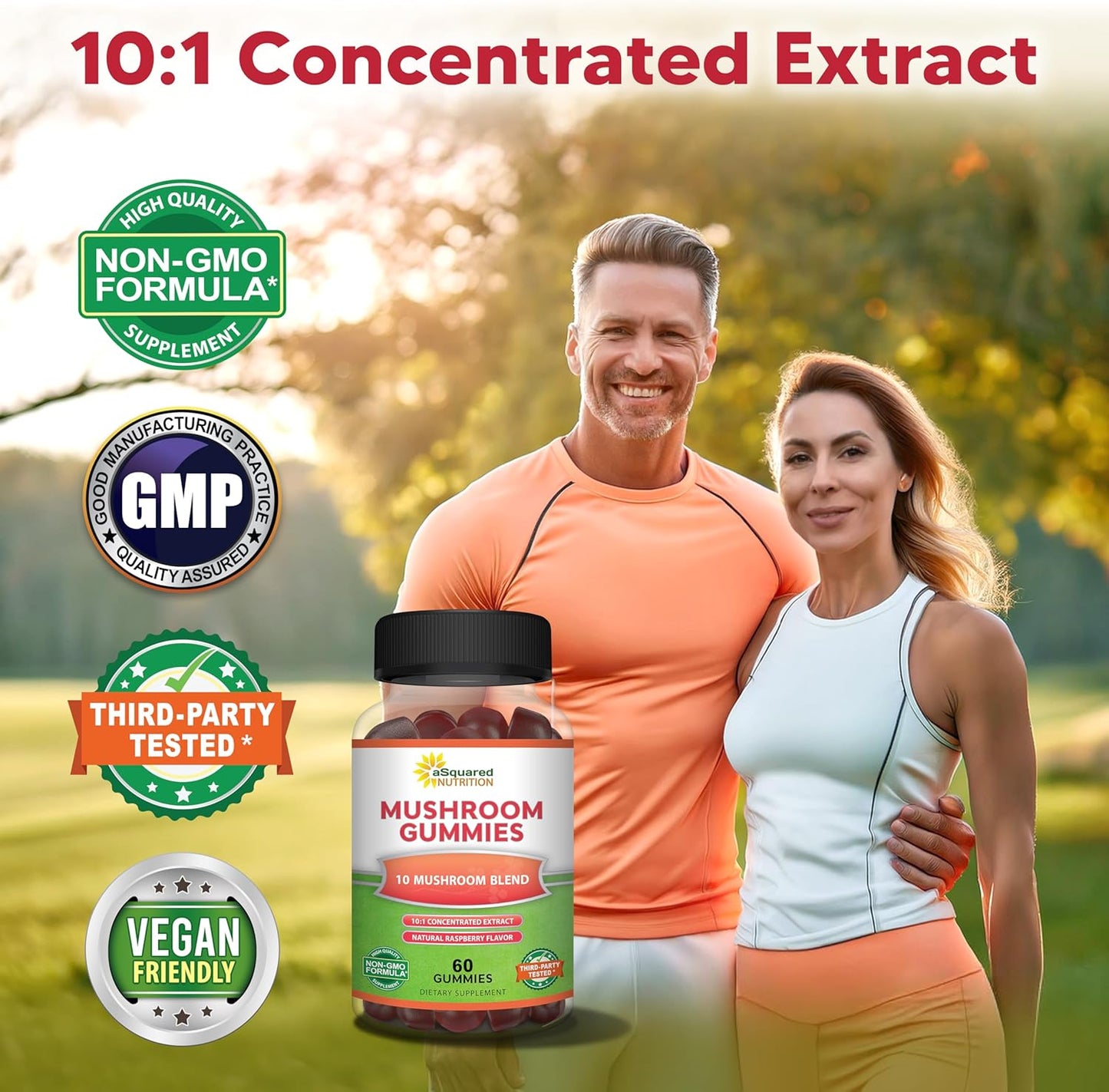 aSquared Nutrition Mushroom Gummies - 10x Complex Supplement for Energy, Focus, and Immune Support - Lions Mane, Turkey Tail, Reishi, Cordyceps, Chaga - Men & Women - Convenient Alternative to Powder, Capsules, and Pills
