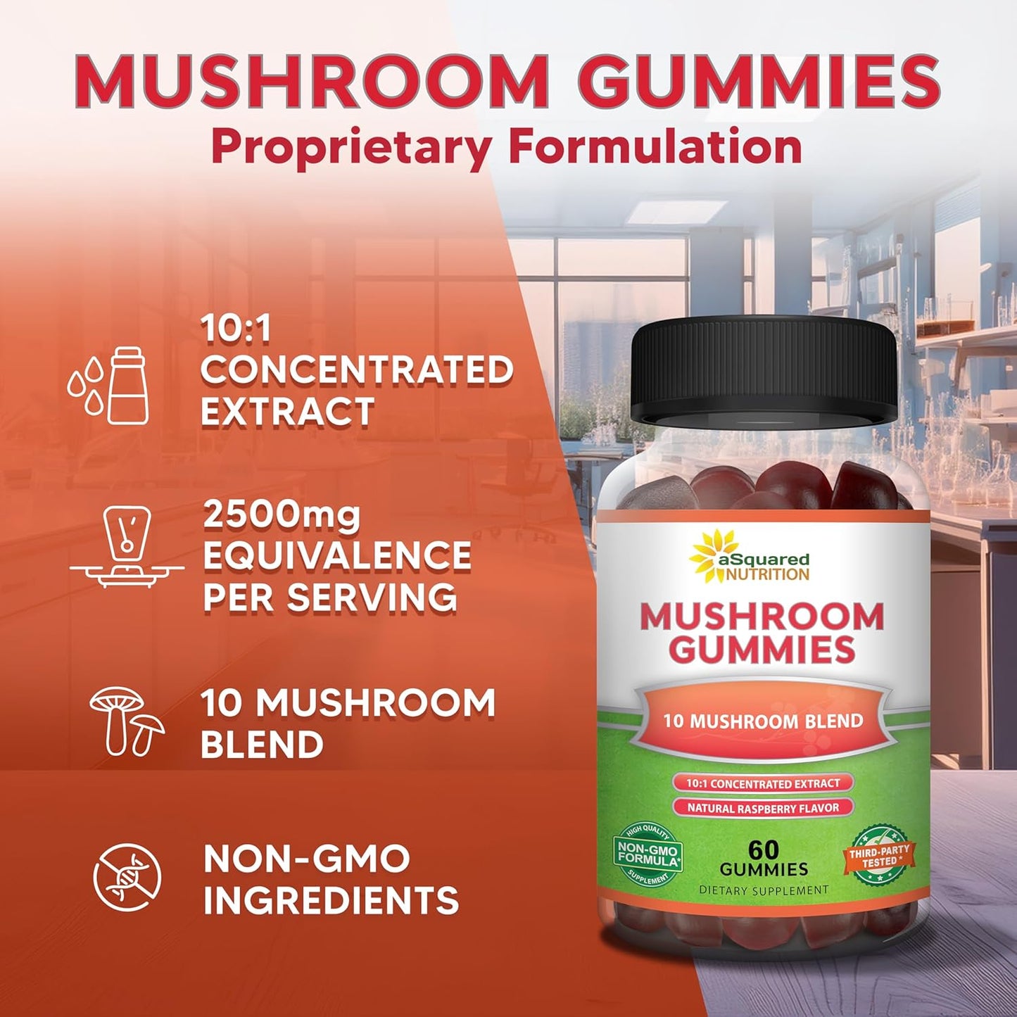 aSquared Nutrition Mushroom Gummies - 10x Complex Supplement for Energy, Focus, and Immune Support - Lions Mane, Turkey Tail, Reishi, Cordyceps, Chaga - Men & Women - Convenient Alternative to Powder, Capsules, and Pills