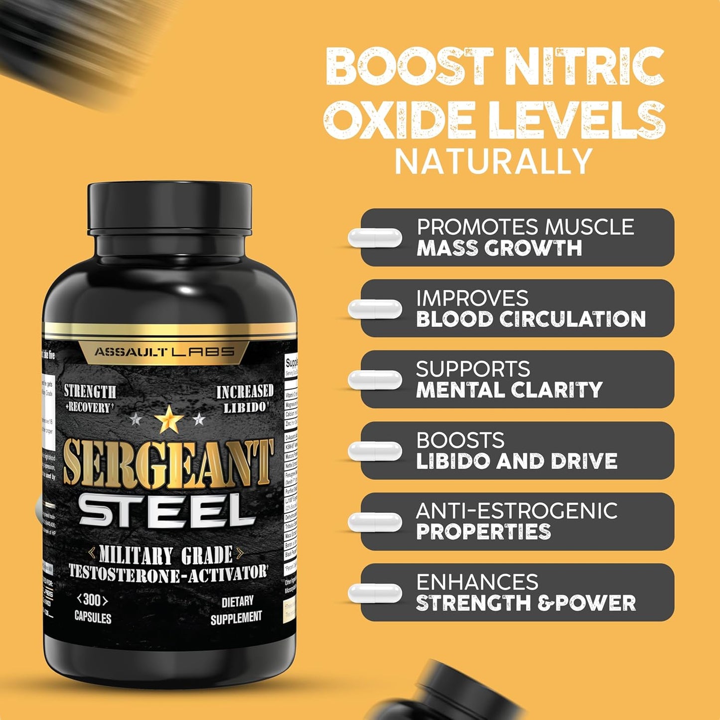 Assault Labs Sergeant Steel: Muscle Growth, Energy, Calm, and Immune Support Blend - 300 Capsules, 2 Months Supply