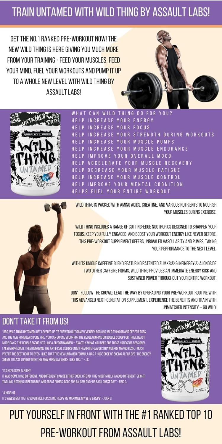 Assault Labs Wild Thing Pre Workout Powder - Di-Citrulline Malate, Beta Alanine, L-Glutamine, Caffeine Anhydrous, L-Tyrosine, Huperzine, Cocoa Extract - Energy, Muscle Health, Focus - Rocket Pop Flavor