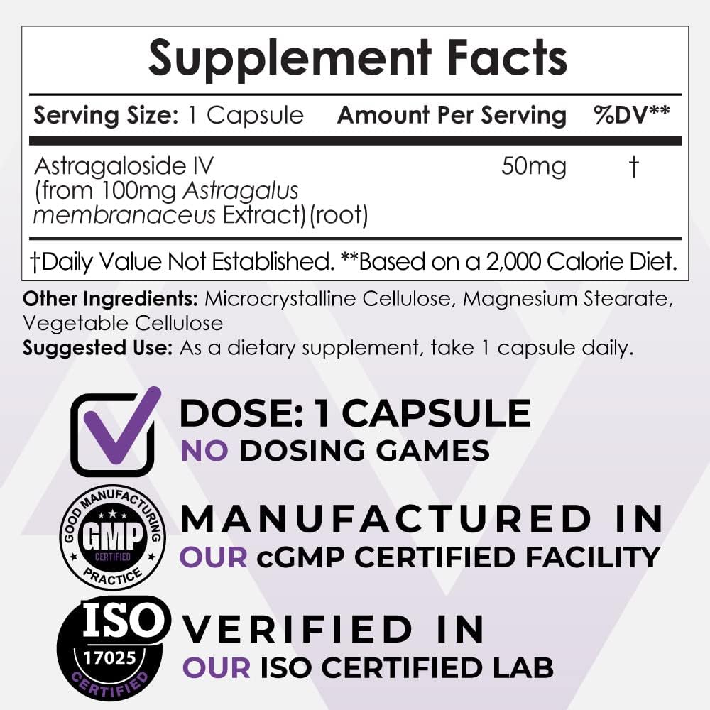 Astragaloside IV Capsules - 50mg | Astragalus membranaceus | Neuroprotective & Immune Support | 30 Count