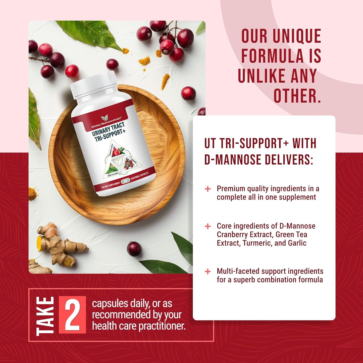 Athelas Neutraceuticals Fast UT Relief - Full Spectrum Urinary Tract Support Supplement with D-Mannose, Cranberry, Green Tea, Turmeric & Garlic