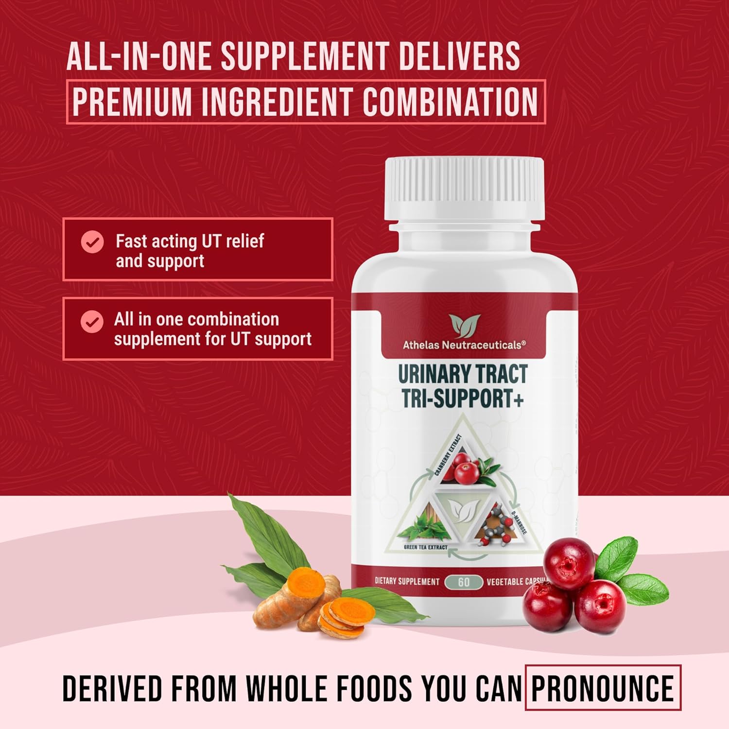 Athelas Neutraceuticals Fast UT Relief - Full Spectrum Urinary Tract Support Supplement with D-Mannose, Cranberry, Green Tea, Turmeric & Garlic