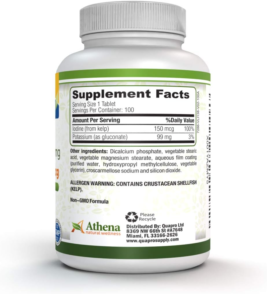 Athena Natural Wellness Potassium 99mg and Iodine 150mcg Supplement for Overall Health