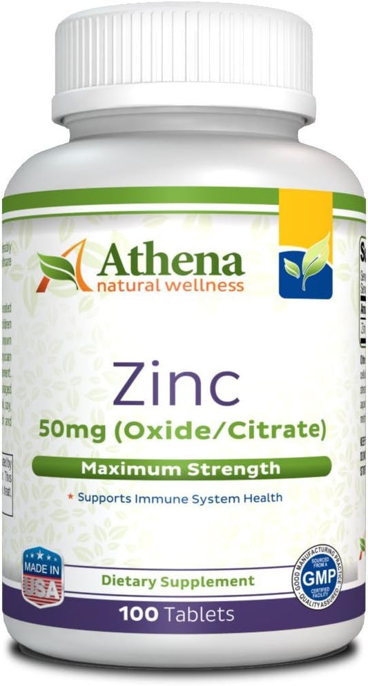 Athena Zinc Supplement Tablets 50mg - Oxide/Citrate - 100 Coated Tablets for Natural Wellness