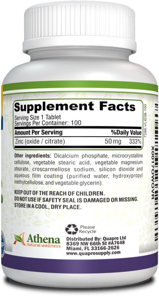 Athena Zinc Supplement Tablets 50mg - Oxide/Citrate - 100 Coated Tablets for Natural Wellness